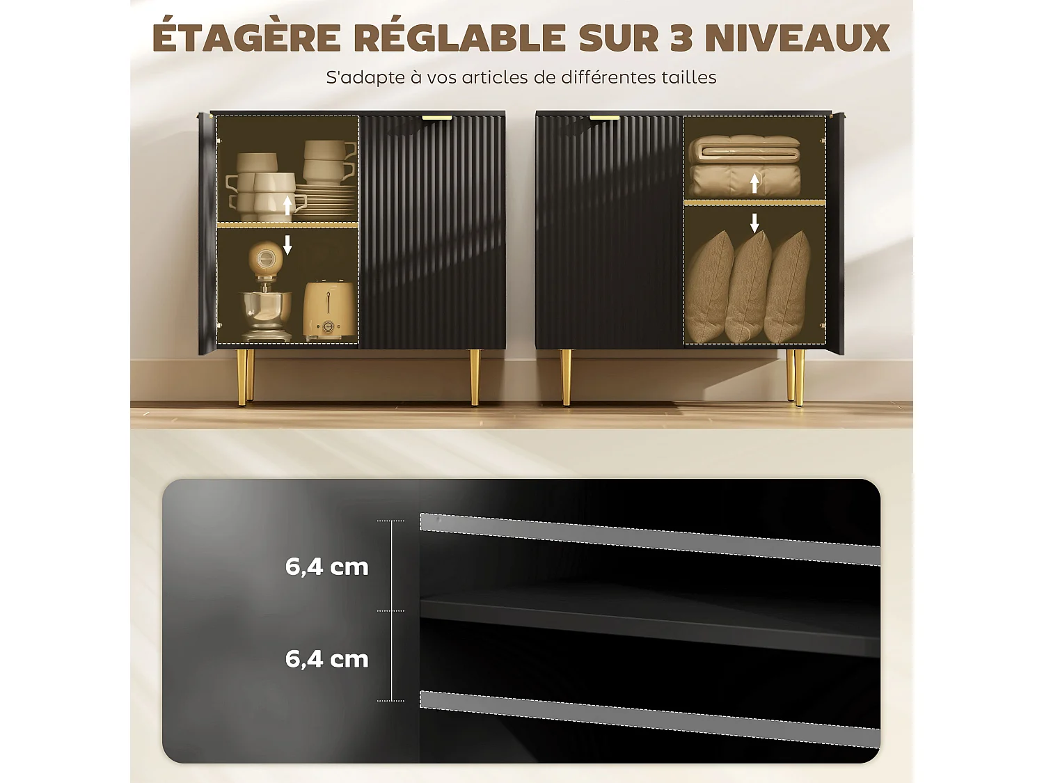 Buffet 2 portes étagère design effet cannelé piètement poignées métal doré noir
