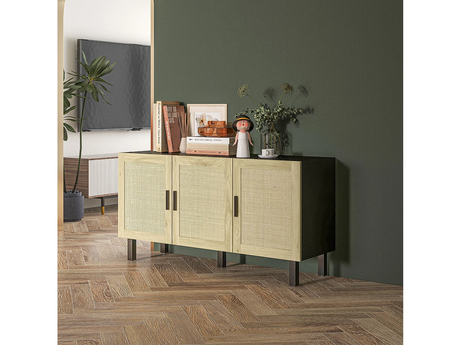 Buffet 3 portes style bohème chic cannage en rotin panneaux aspect bois clair noir