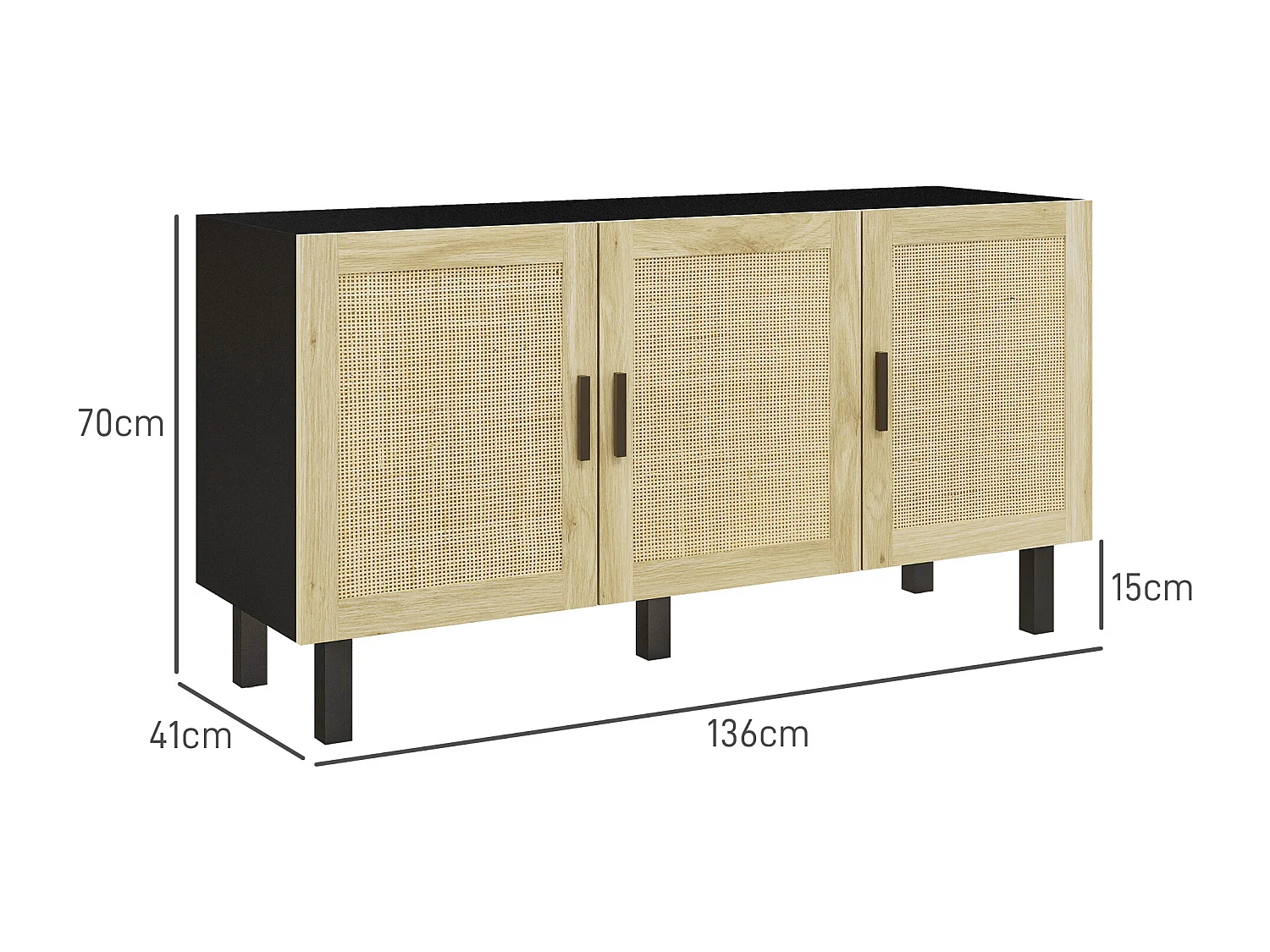 Buffet 3 portes style bohème chic cannage en rotin panneaux aspect bois clair noir