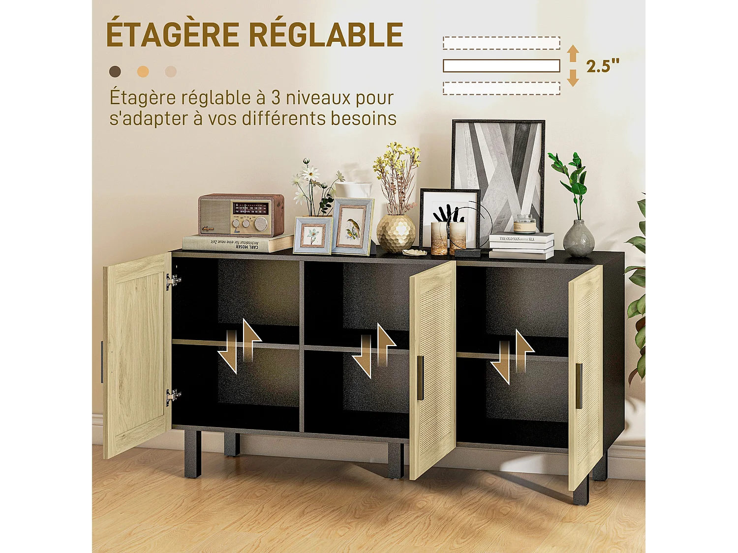 Buffet 3 portes style bohème chic cannage en rotin panneaux aspect bois clair noir