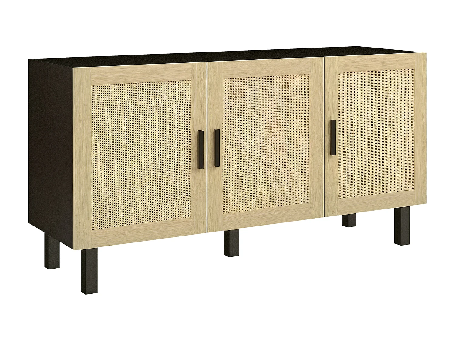 Buffet 3 portes style bohème chic cannage en rotin panneaux aspect bois clair noir