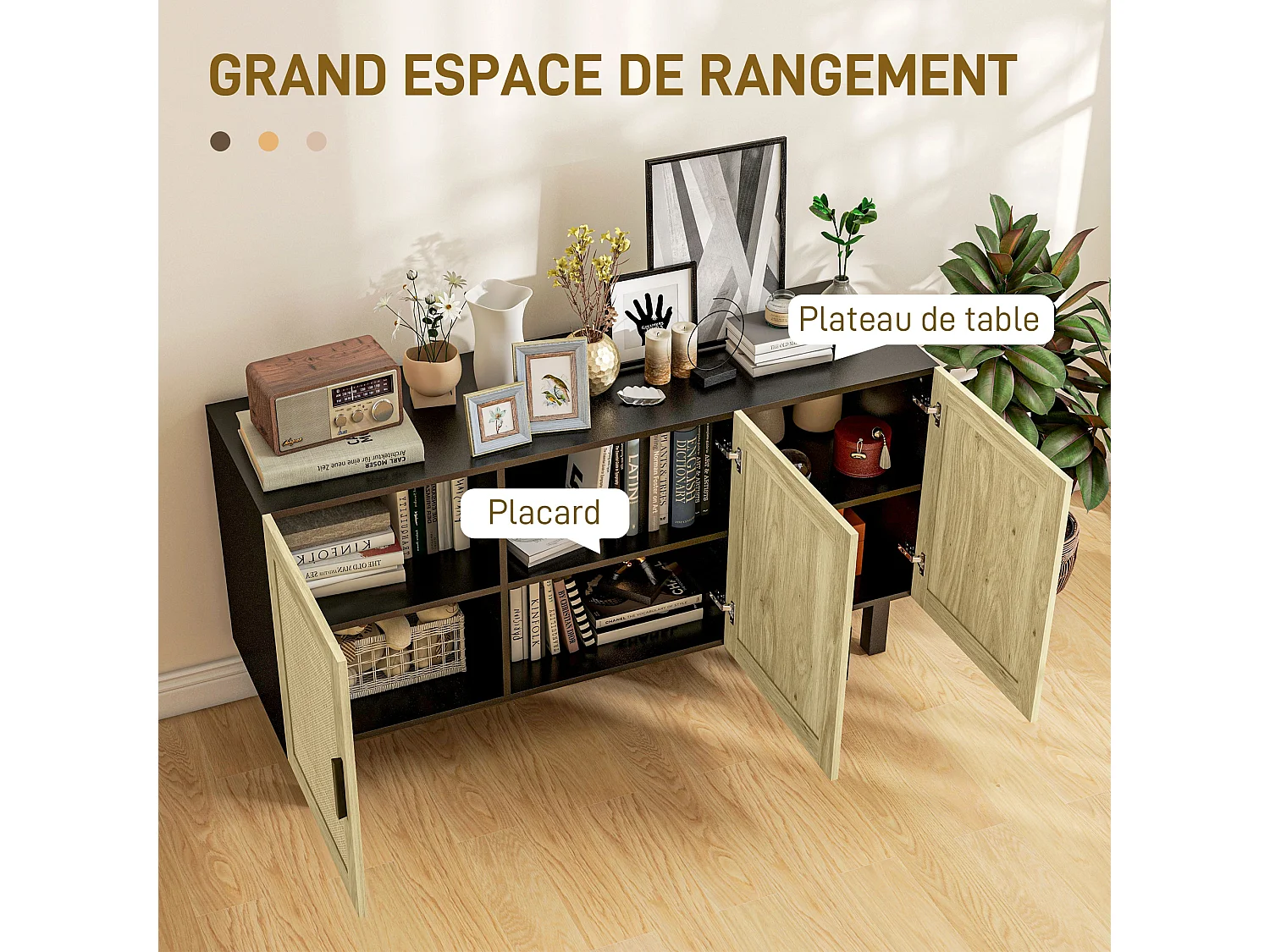 Buffet 3 portes style bohème chic cannage en rotin panneaux aspect bois clair noir