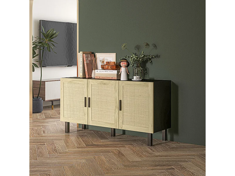 Buffet 3 portes style bohème chic cannage en rotin panneaux aspect bois clair noir