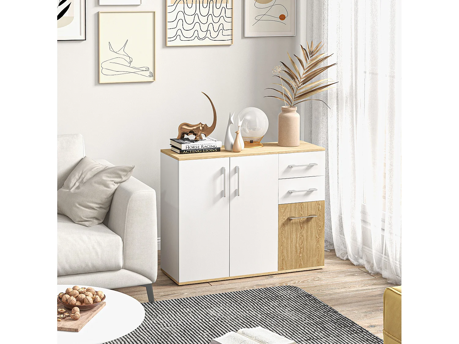 Buffet rangement 3 portes étagère 2 tiroirs coulissants panneaux aspect bois clair blanc