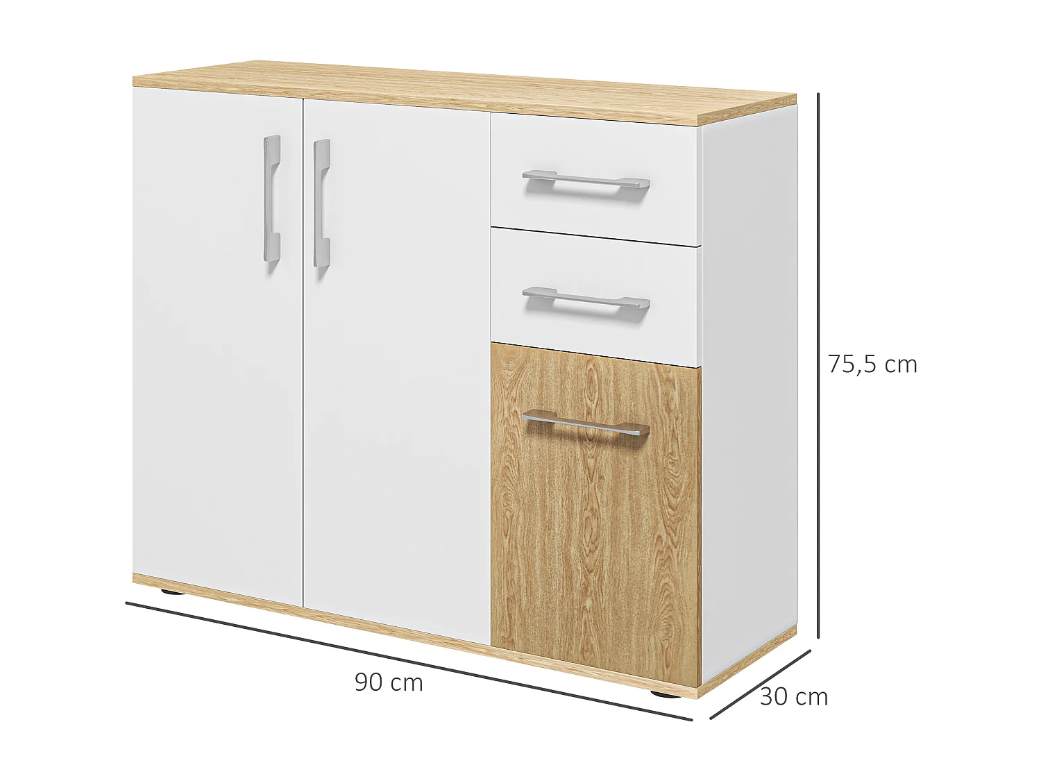 Buffet rangement 3 portes étagère 2 tiroirs coulissants panneaux aspect bois clair blanc