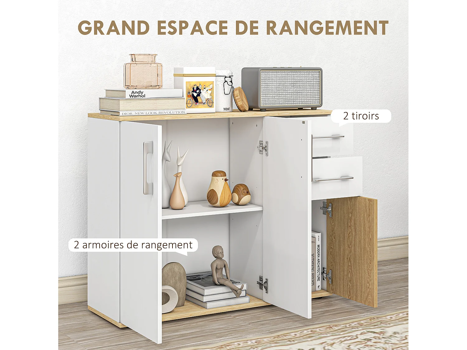 Buffet rangement 3 portes étagère 2 tiroirs coulissants panneaux aspect bois clair blanc