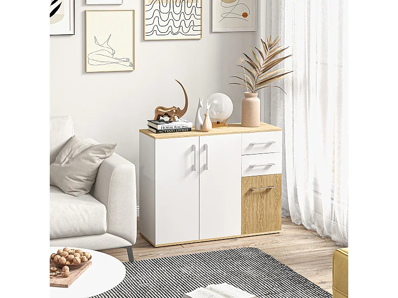 Buffet rangement 3 portes étagère 2 tiroirs coulissants panneaux aspect bois clair blanc