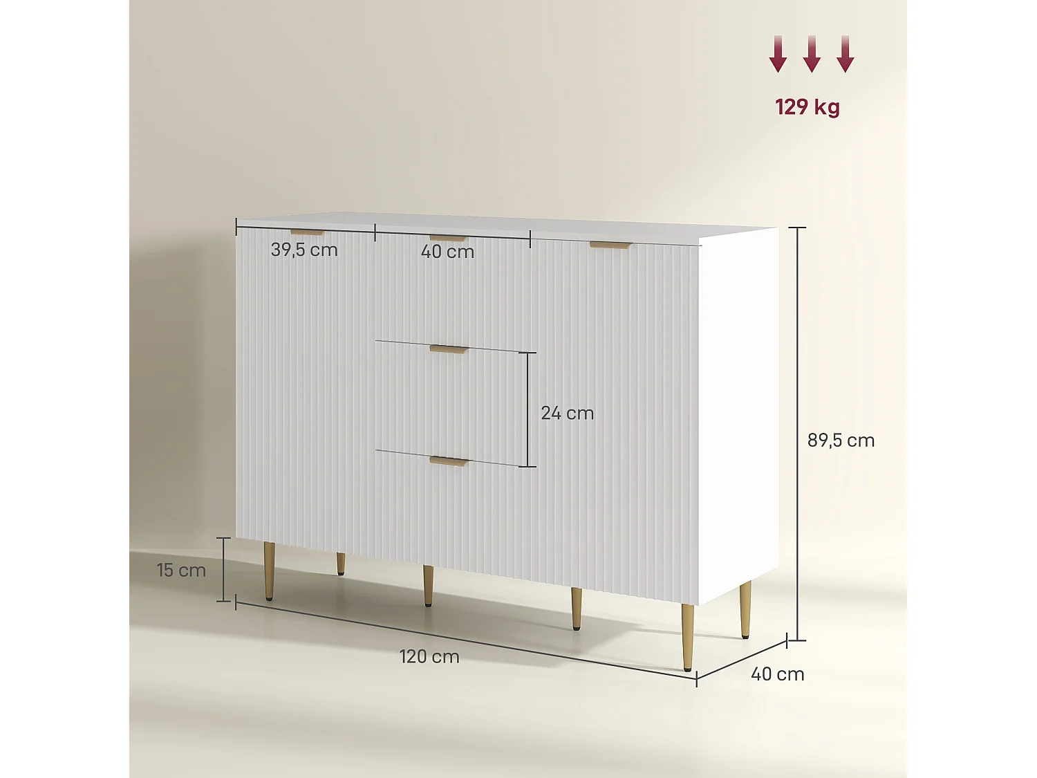 Buffet enfilade 2 portes 2 étagères 3 tiroirs - dim. 120 x 40 x 90 cm - métal doré blanc