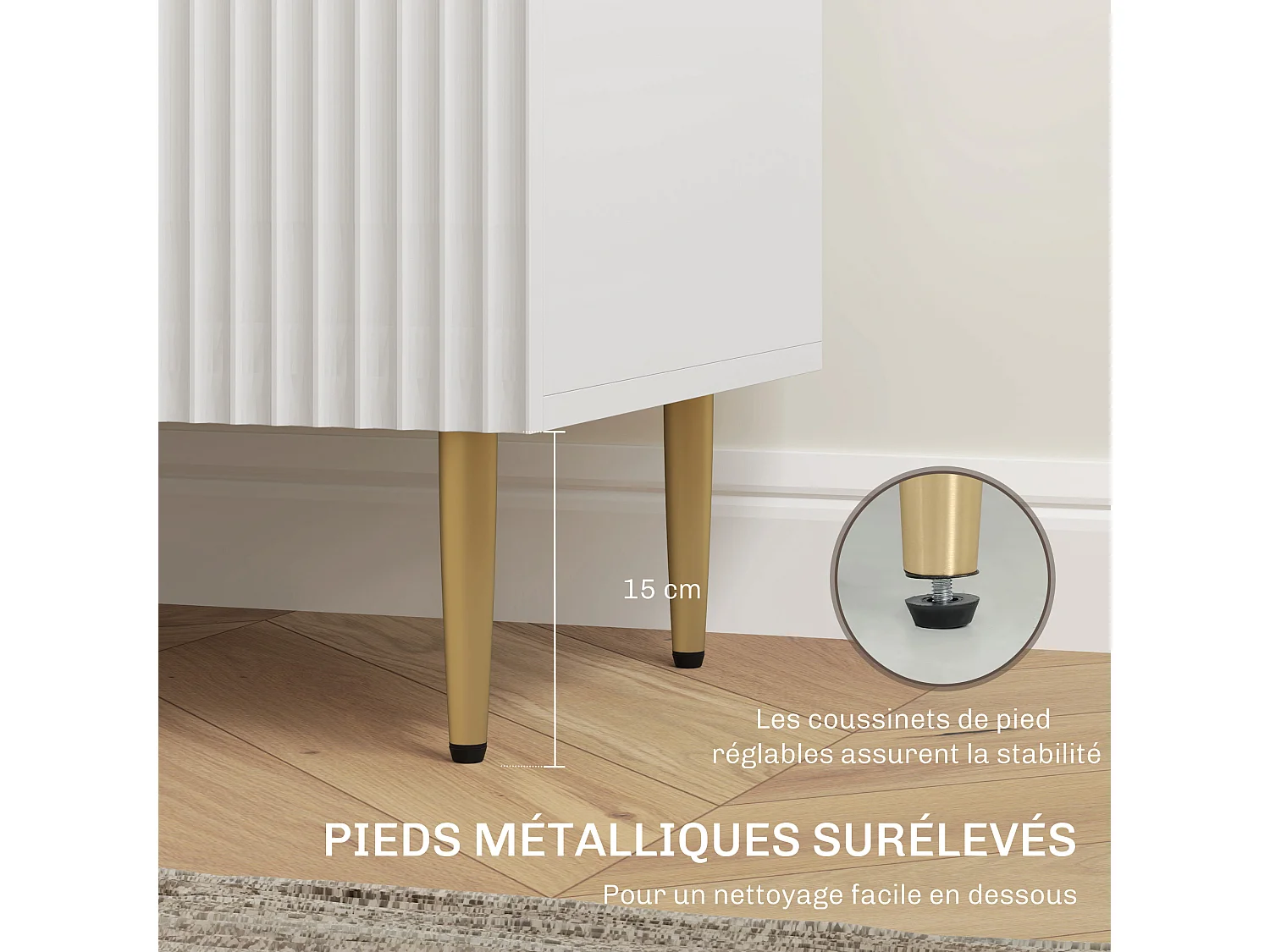 Buffet enfilade 2 portes 2 étagères 3 tiroirs - dim. 120 x 40 x 90 cm - métal doré blanc