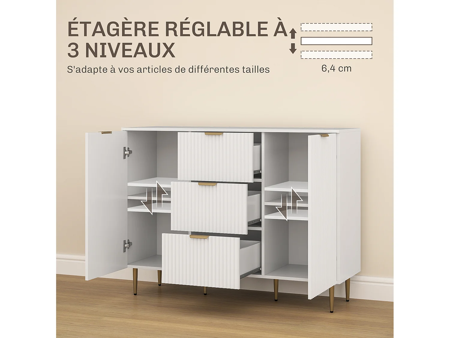Buffet enfilade 2 portes 2 étagères 3 tiroirs - dim. 120 x 40 x 90 cm - métal doré blanc