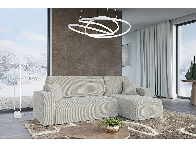 Canapé d'angle convertible en velours côtelé beige PIANO L avec coffre et système de dépliage rapide