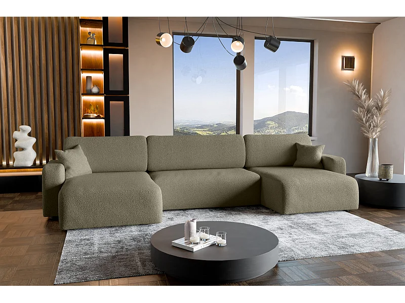 Canapé d'angle convertible en tissu bukle gris PIANO U avec coffre et système de dépliage rapide