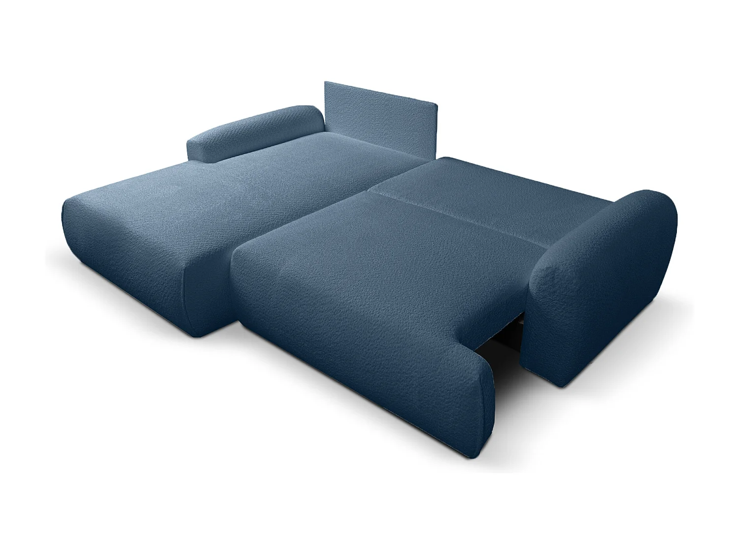 Divano angolare sinistro Noboo con funzione letto e vano contenitore in bouclé blu – direttamente dal produttore, consegna e installazione gratuite!