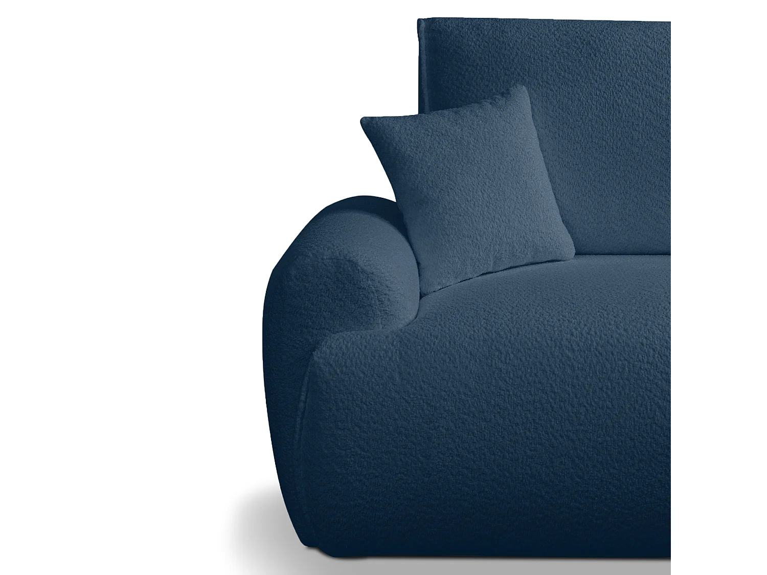 Rechter hoekslaapbank Noboo met slaapfunctie en opbergbox in blauw bouclé – rechtstreeks van de fabrikant, levering en montage gratis!