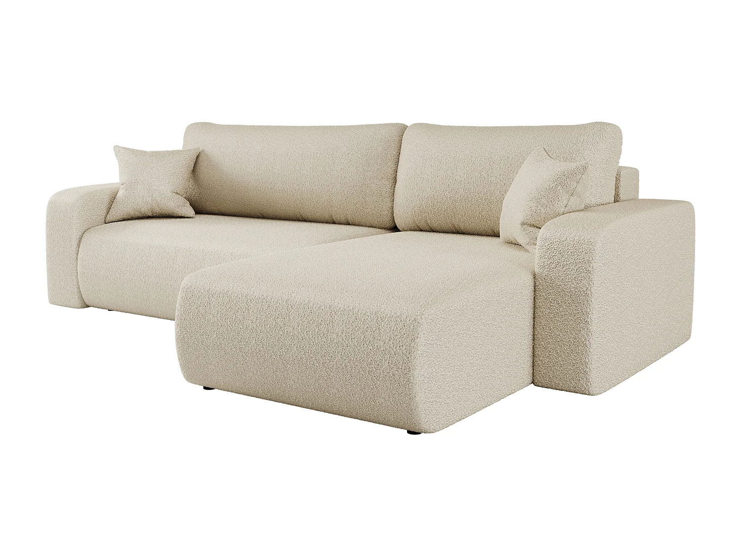 Hoekbank slaapbank van beige boucle-stof PIANO XL met opbergruimte en snel uitklapsysteem