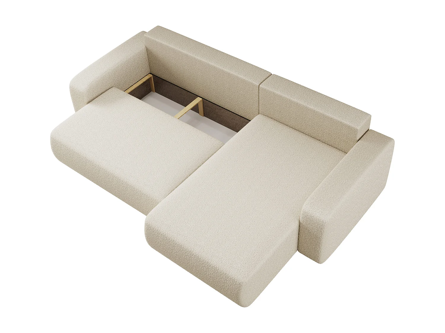 Hoekbank slaapbank van beige boucle-stof PIANO XL met opbergruimte en snel uitklapsysteem