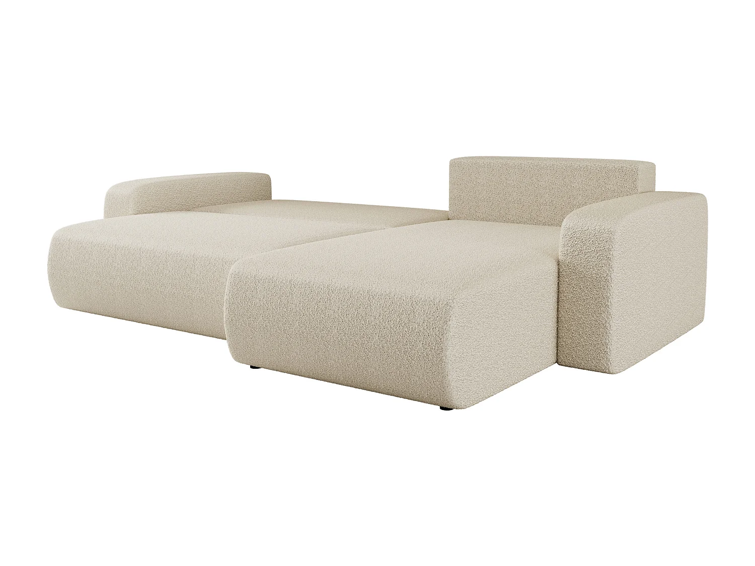 Hoekbank slaapbank van beige boucle-stof PIANO XL met opbergruimte en snel uitklapsysteem