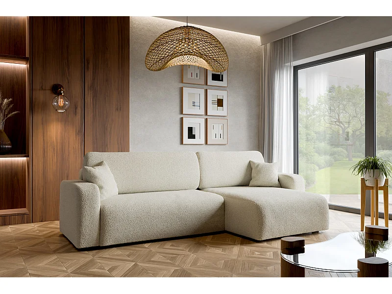 Canapé d'angle convertible en tissu bukle beige PIANO XL avec coffre et système de dépliage rapide