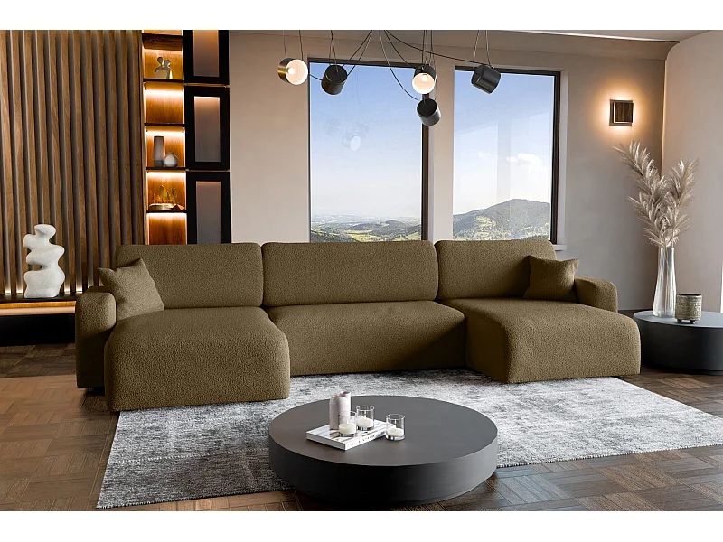 Divano ad angolo trasformabile in tessuto boucle marrone PIANO U con vano contenitore e sistema di apertura rapido