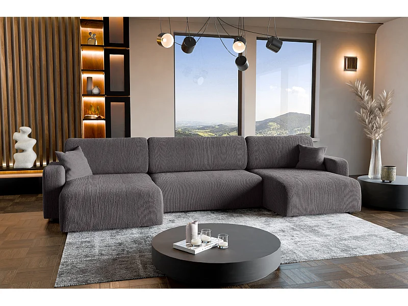 Divano ad angolo trasformabile in velluto a coste grigio PIANO U con vano contenitore e sistema di apertura rapido