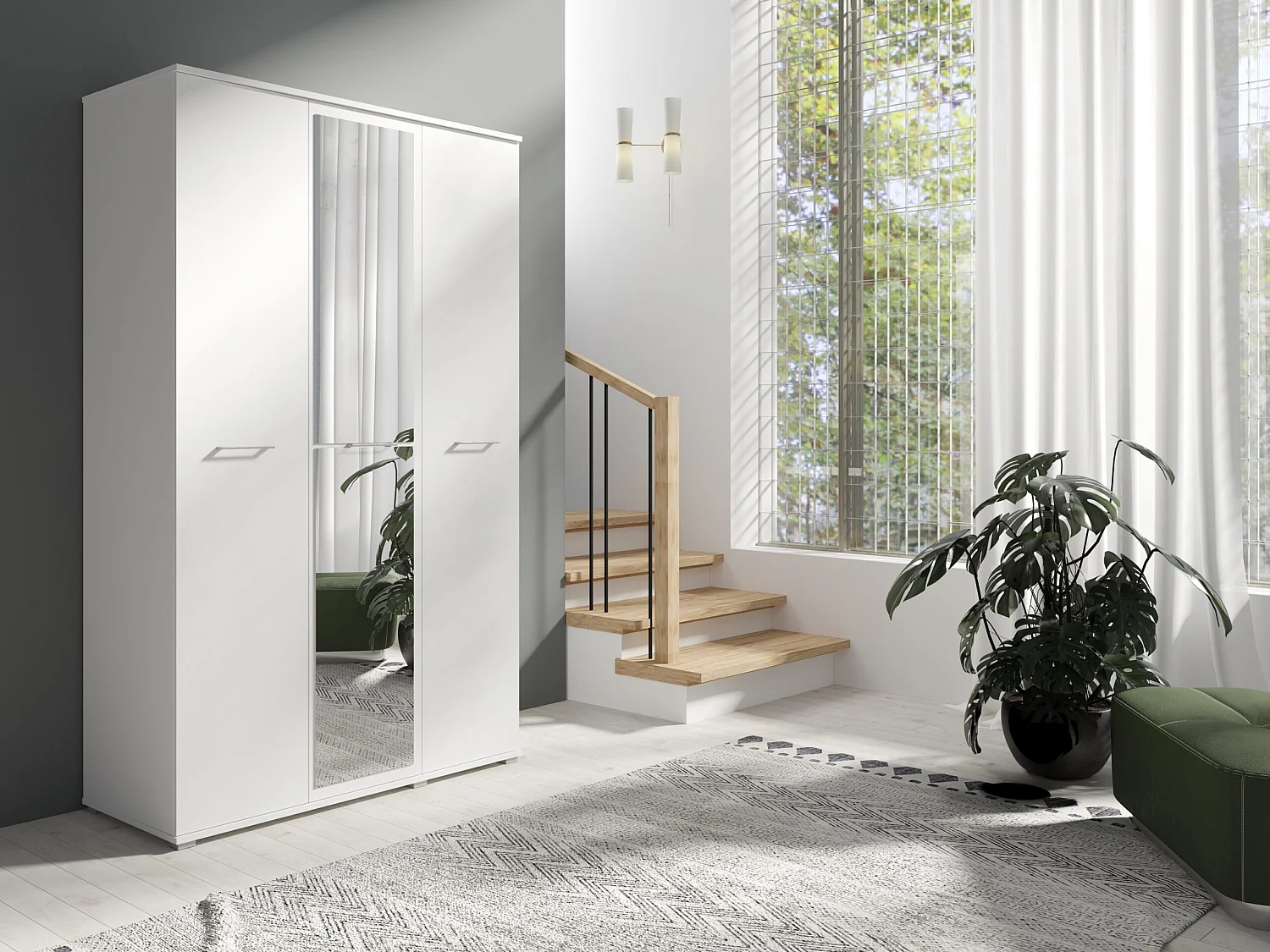 Szafa Otwierana Trzydrzwiowa LUSTRO 120cm x 200cm BIAŁA | Półki + Wieszak