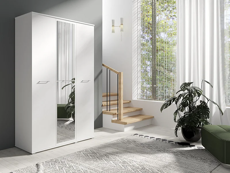 Szafa Otwierana Trzydrzwiowa LUSTRO 120cm x 200cm BIAŁA | Półki + Wieszak