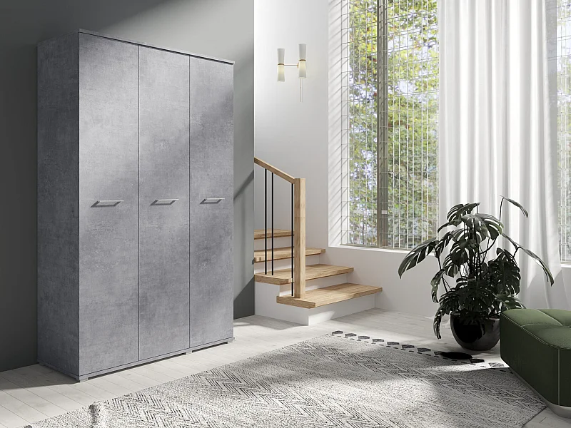 Drie-deurs opengaande kast 120 cm × 200 cm BETON | Planken + Kleerhangerstang