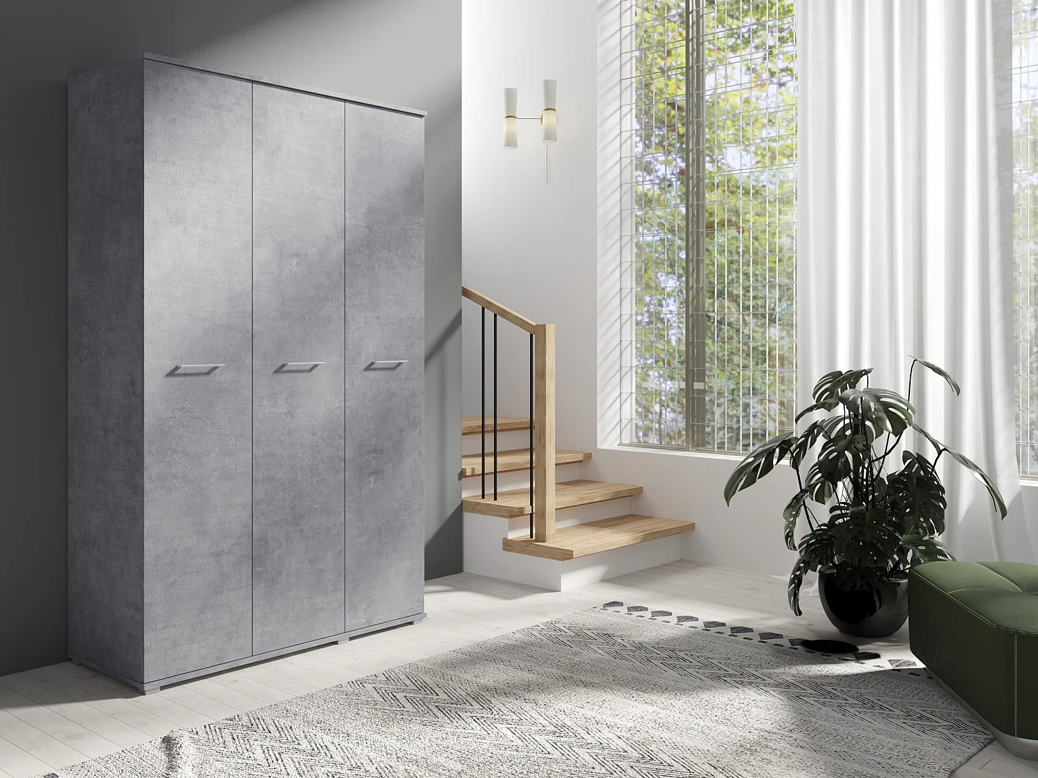 Drie-deurs opengaande kast 120 cm × 200 cm BETON | Planken + Kleerhangerstang