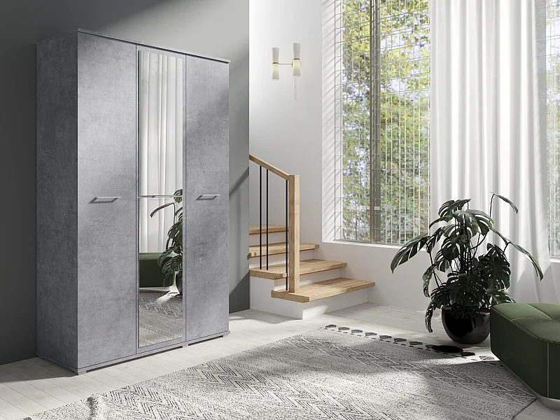Szafa Otwierana Trzydrzwiowa LUSTRO 120cm x 200cm BETON | Półki + Wieszak