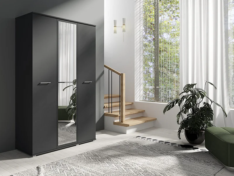 Drie-deurs opengaande kast SPIEGEL 120 cm × 200 cm ANTRACIET | Planken + Kleerhangerstang