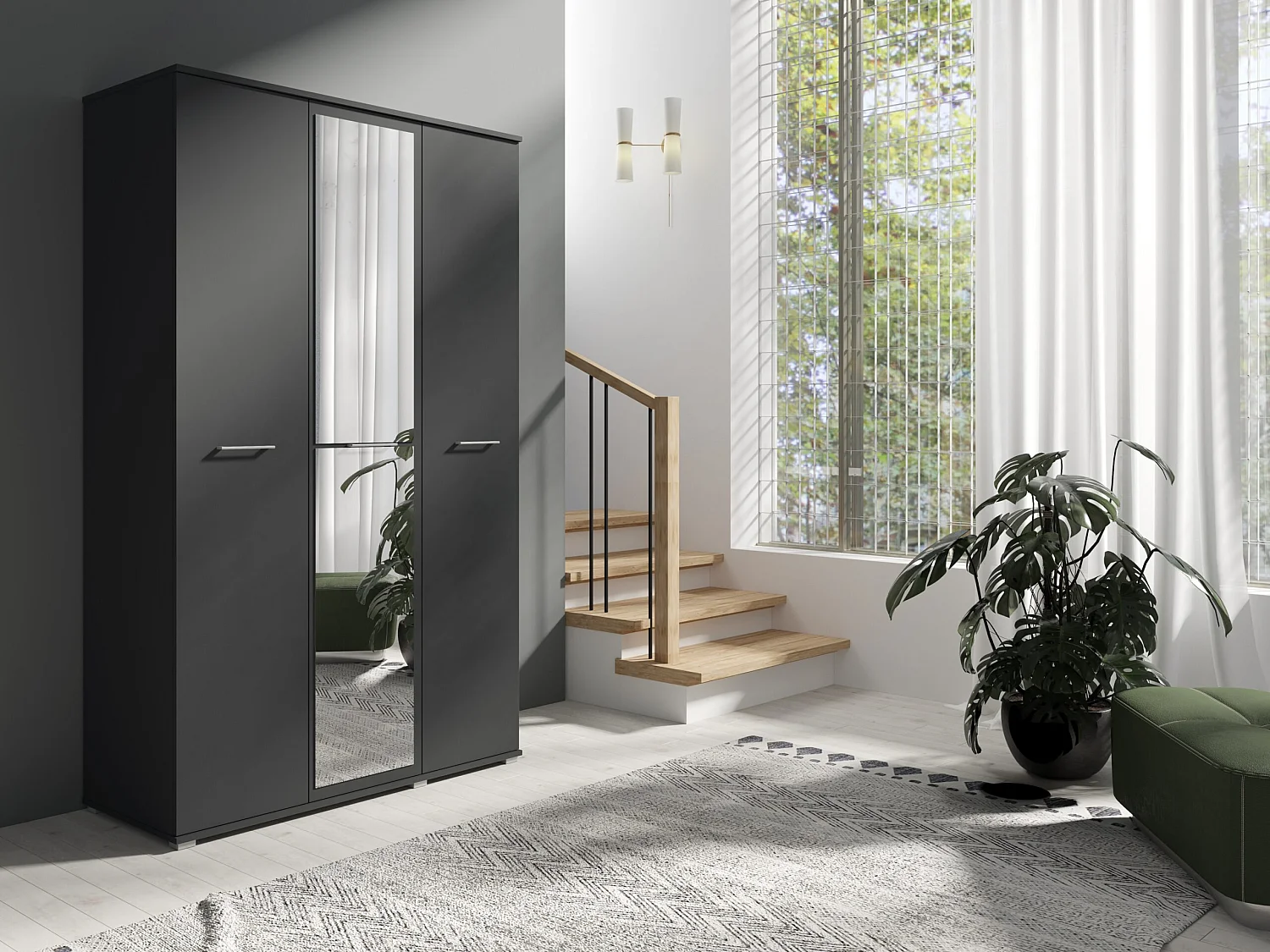 Drie-deurs opengaande kast SPIEGEL 120 cm × 200 cm ANTRACIET | Planken + Kleerhangerstang