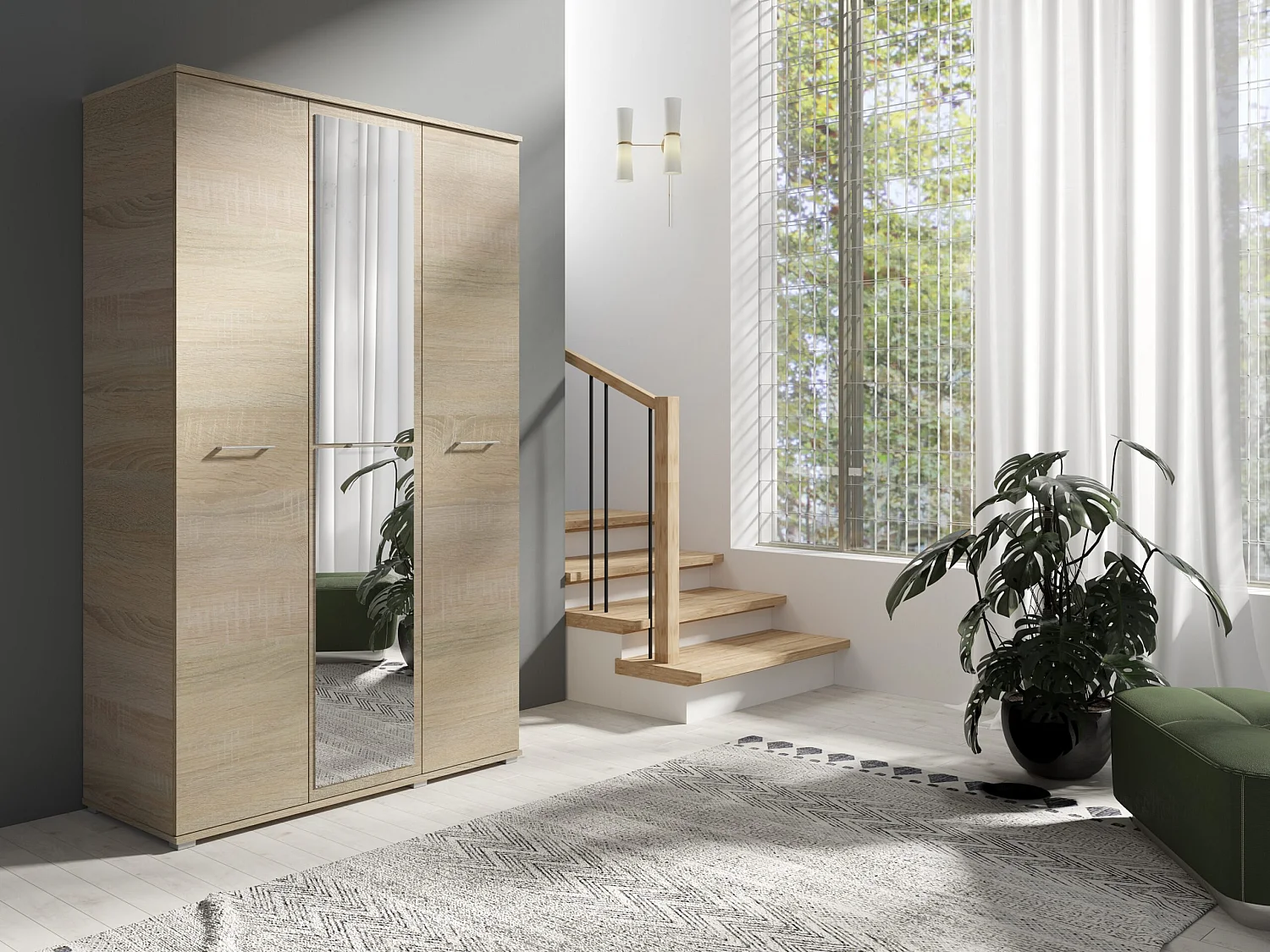 Szafa Otwierana Trzydrzwiowa LUSTRO 120cm x 200cm SONOMA | Półki + Wieszak