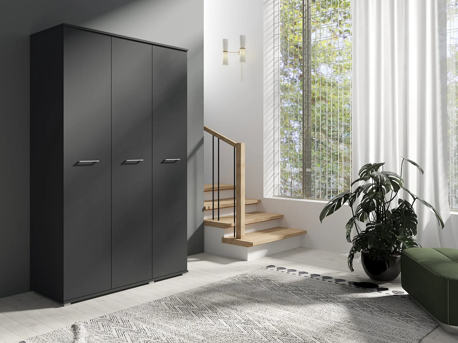 Drie-deurs opengaande kast 120 cm × 200 cm ANTRACIET | Planken + Kleerhangerstang