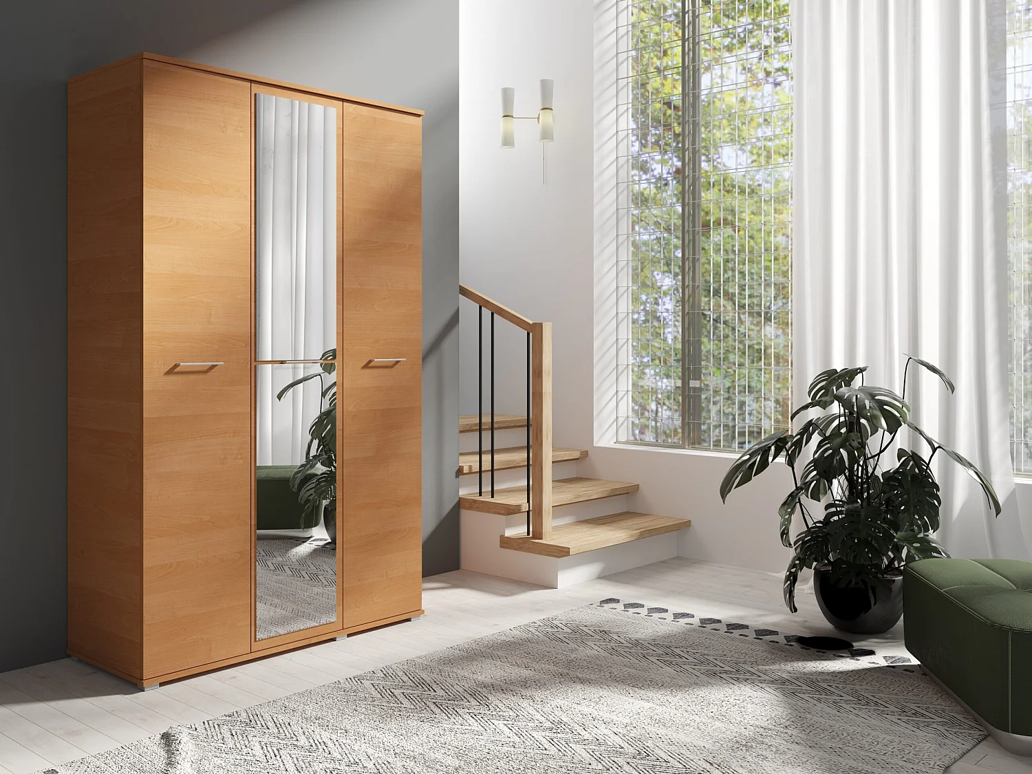 Armoire battante à trois portes MIROIR 120 cm × 200 cm AULNE | Étagères + Tringle