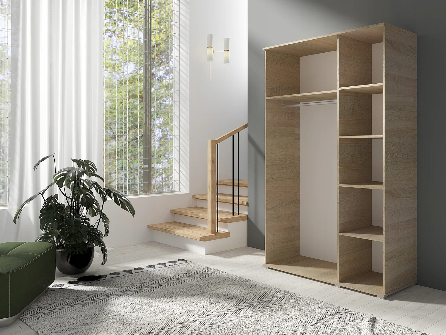 Armoire battante à trois portes MIROIR 120 cm × 200 cm AULNE | Étagères + Tringle