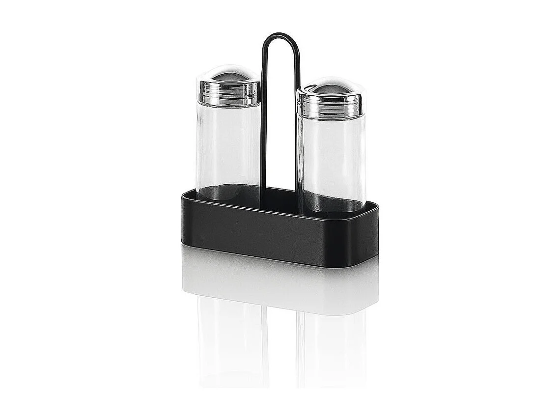 Set Salz und schwarzer Pfeffer mit Glasbehältern und Metallhalterung