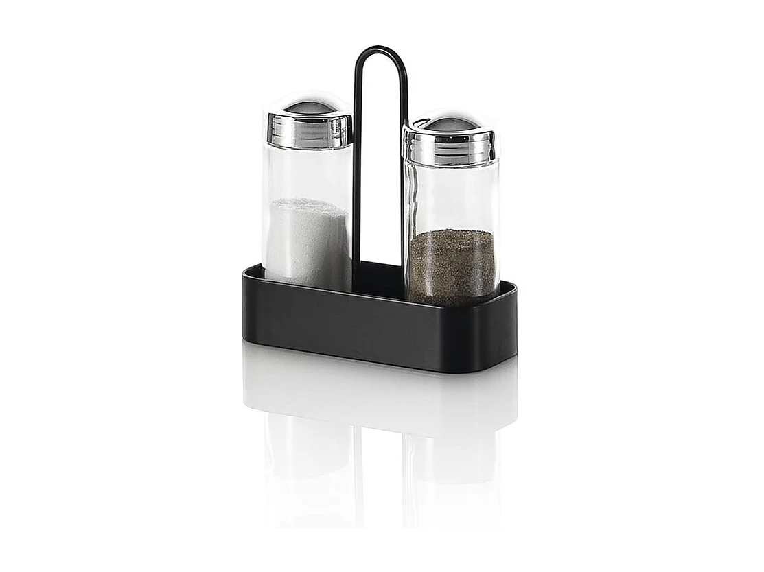 Set Salz und schwarzer Pfeffer mit Glasbehältern und Metallhalterung