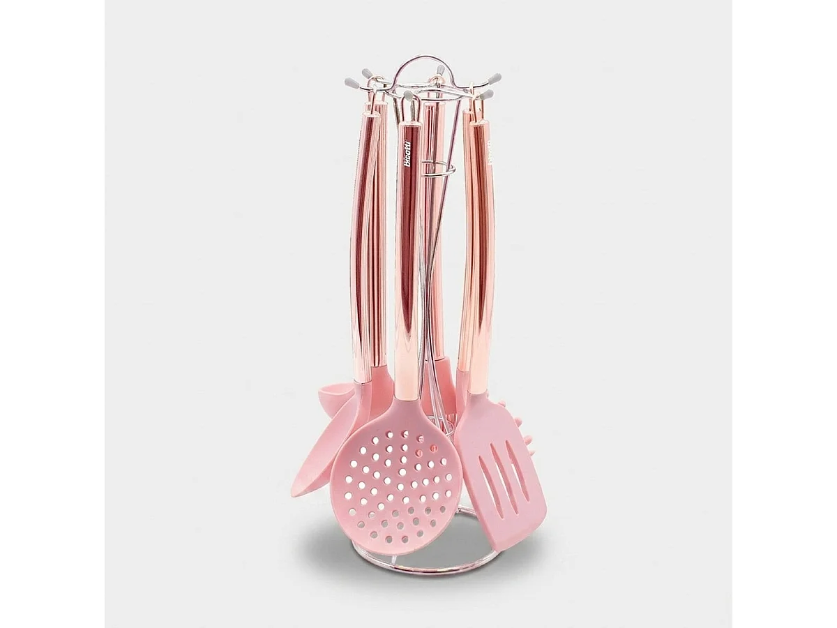 Set 6 Küchenutensilien aus rosa Metall und Silikon Bisetti Stonerose