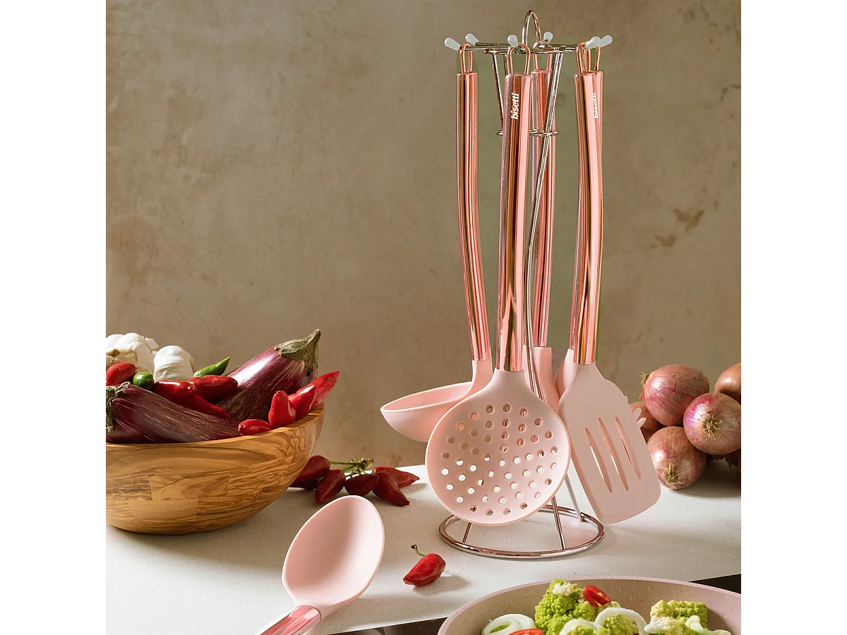 Set 6 Küchenutensilien aus rosa Metall und Silikon Bisetti Stonerose