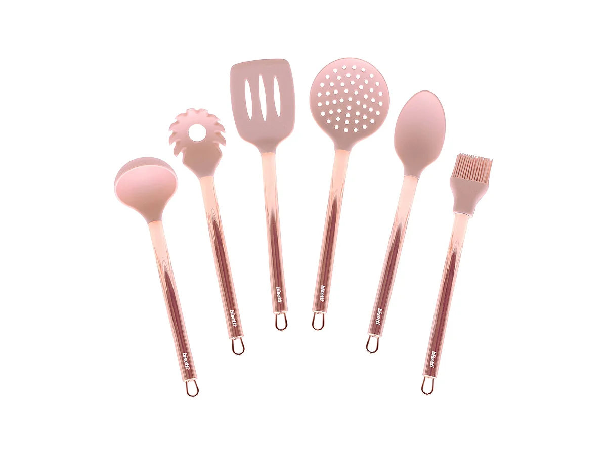 Set 6 Küchenutensilien aus rosa Metall und Silikon Bisetti Stonerose