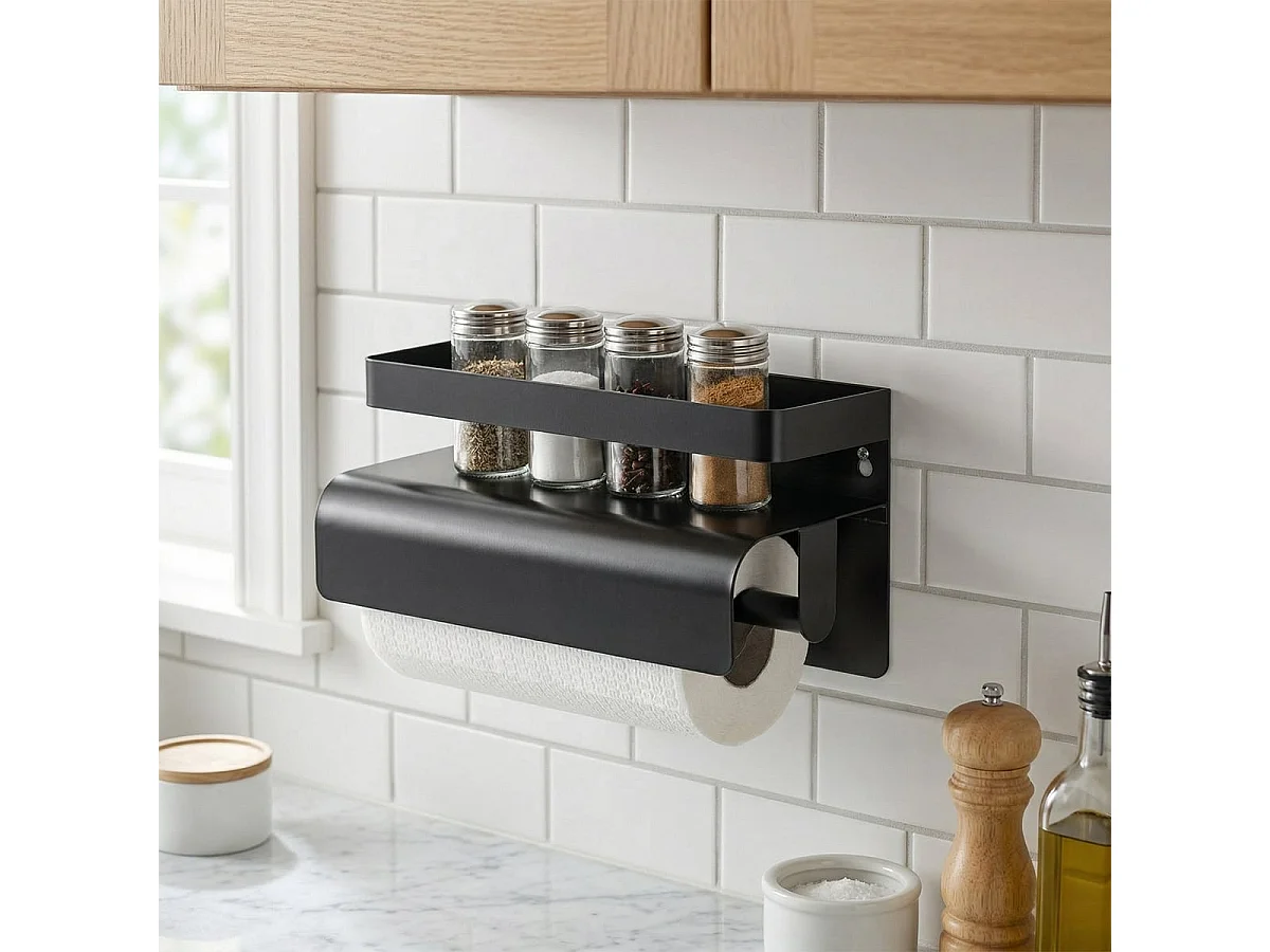 Estante de cocina con portarrollos de metal moderno Gef - Negro