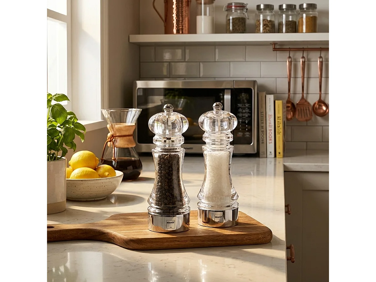 Durchsichtige Salz- und Pfeffermühle für Tisch und Küche 17,5 cm Bisetti Stonewhite