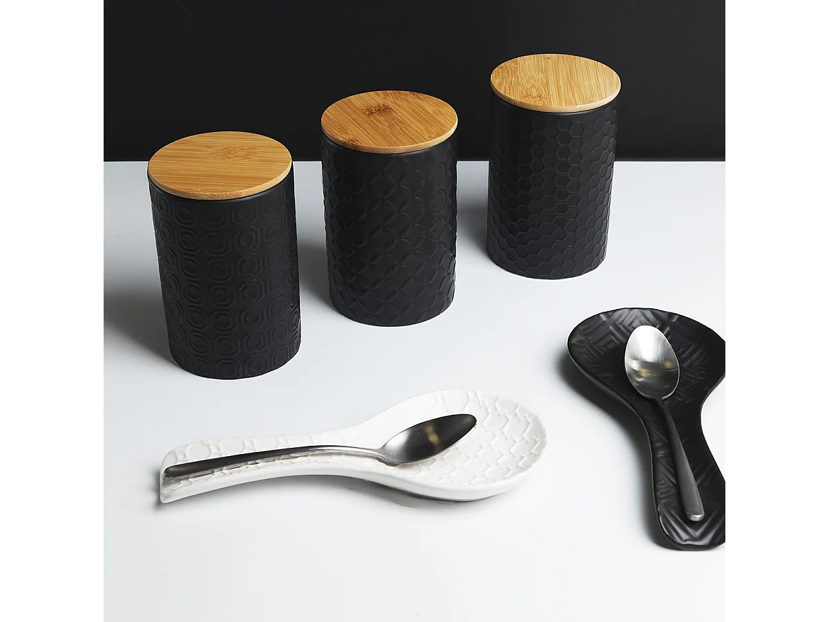 Set 3 barattoli da cucina in ceramica coperchio Shade of Shape Geometrie - Nero