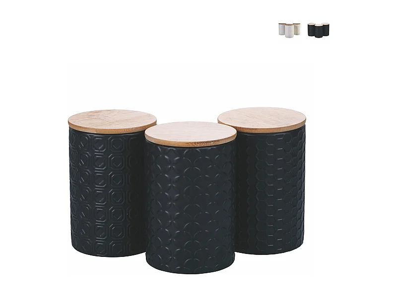 Set 3 barattoli da cucina in ceramica coperchio Shade of Shape Geometrie - Nero