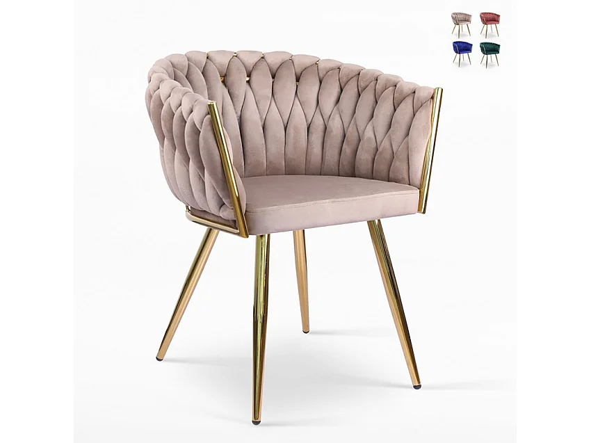 Butaca de diseño en terciopelo, silla con reposabrazos y patas doradas Versailles - Marrón