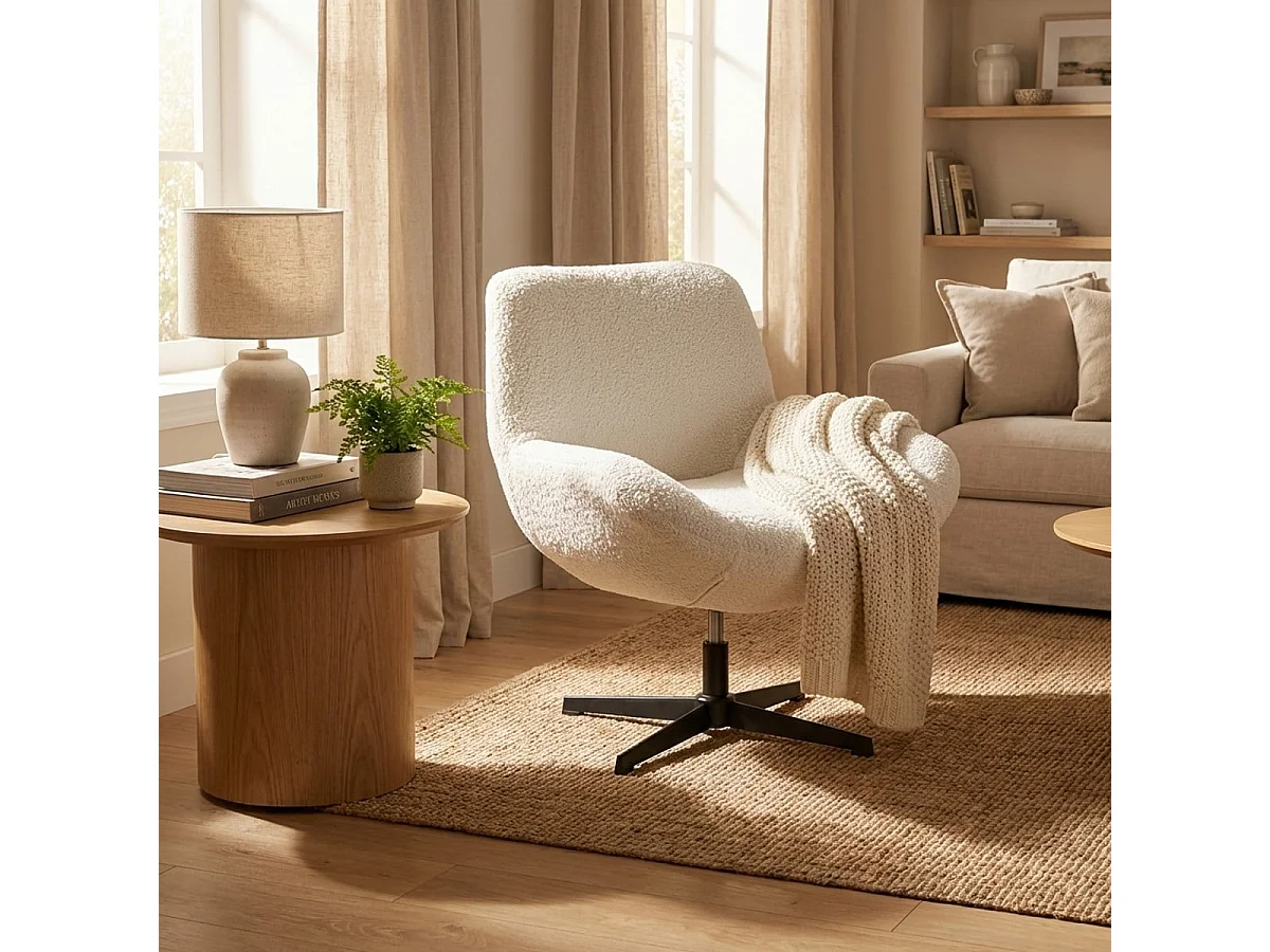 Sillón giratorio elegante de tela bouclé para sala salón y despacho Lehm - Blanco