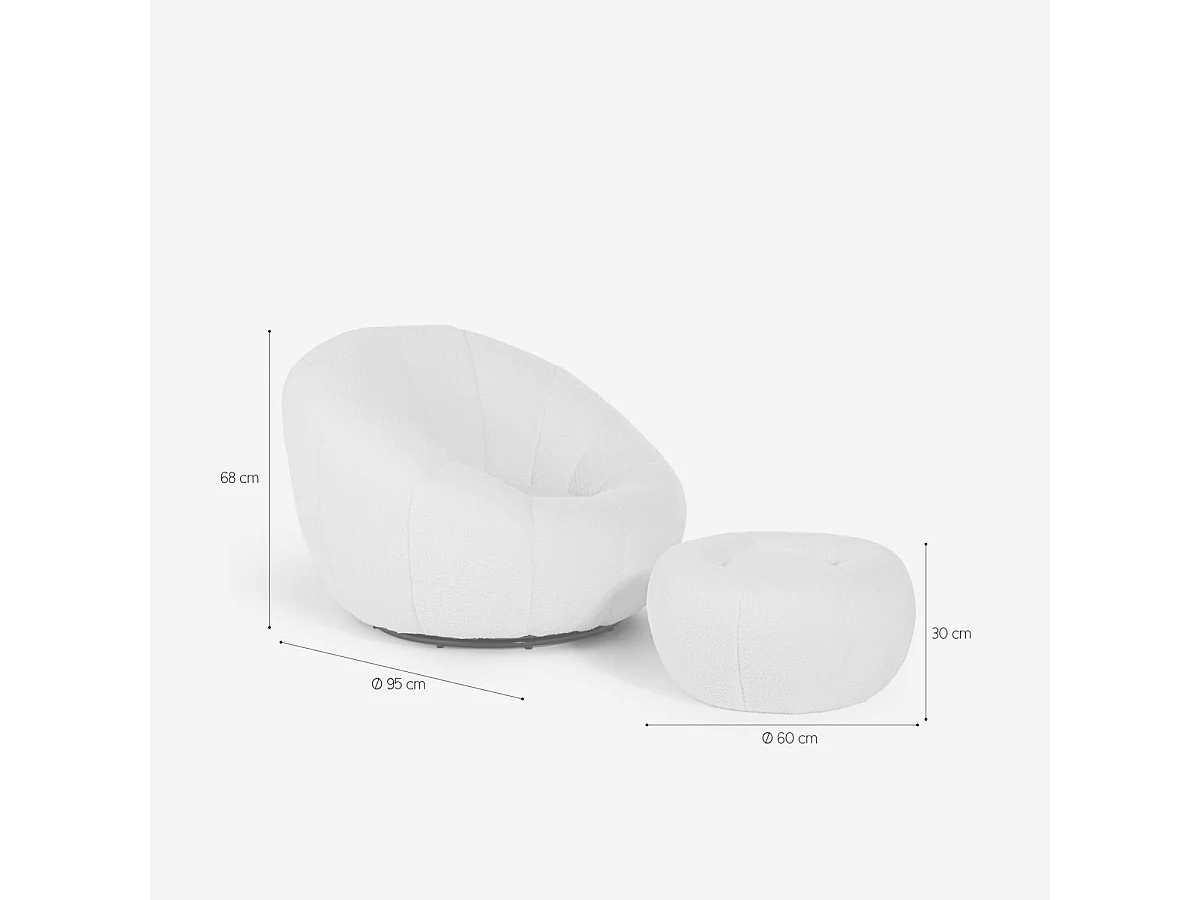 Sillón giratorio de diseño de tela bouclé blanco con puf reposapiés Kuma