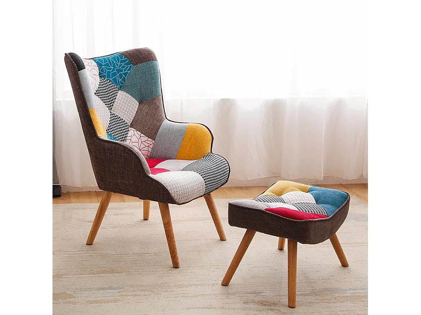 Poltrona Sedia Design Moderno Patchwork con Pouf Poggiapiedi Patchy Plus