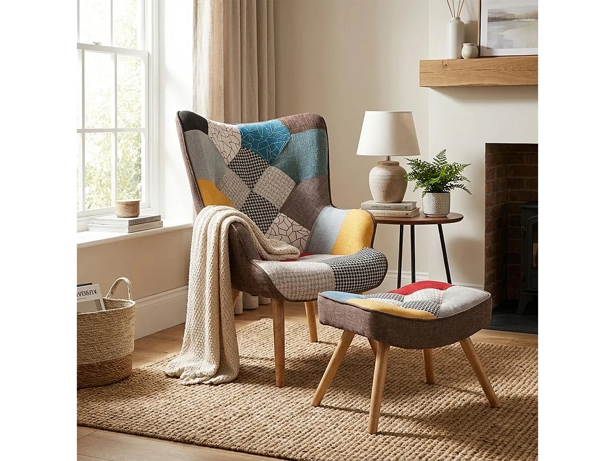 Poltrona Sedia Design Moderno Patchwork con Pouf Poggiapiedi Patchy Plus