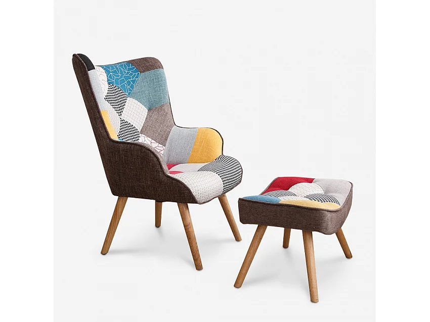 Fauteuil patchwork design moderne avec pouf repose-pieds Patchy Plus